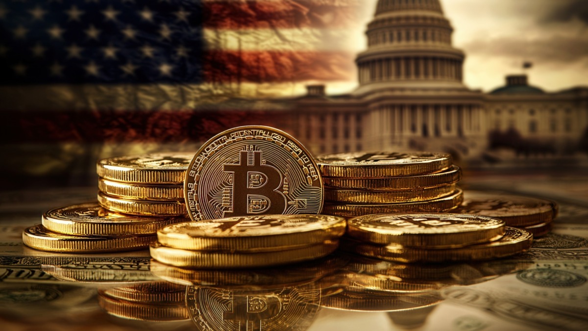 A pile of golden bitcoins with the U.S. Capitol building in the background, symbolizing the intersection of cryptocurrency and American finance.